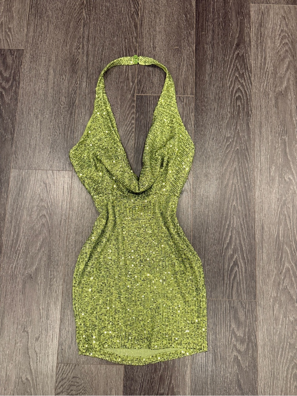 Fashion Nova Lime Green Sequin Halter Mini Dress